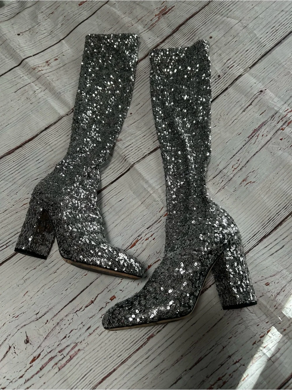 Dolce & Gabbana Silver Sequin Knee-High Block Heel Sock Boots Sz 37